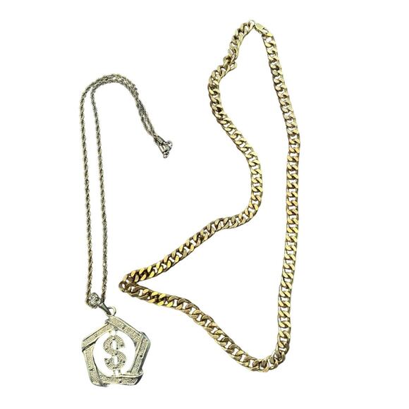 GUC Two Necklaces Silvertone/Goldtone Dollar Sign/Bulky Chain Costume Jewelry - Picture 1 of 5